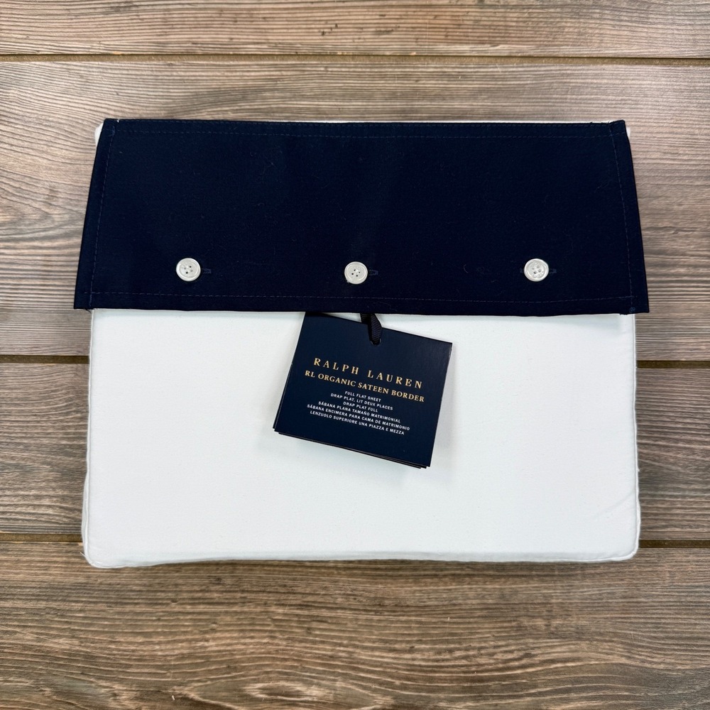 Ralph Lauren Full Flat Sheet Polo Navy White Organic Sateen Border 624TC NEW